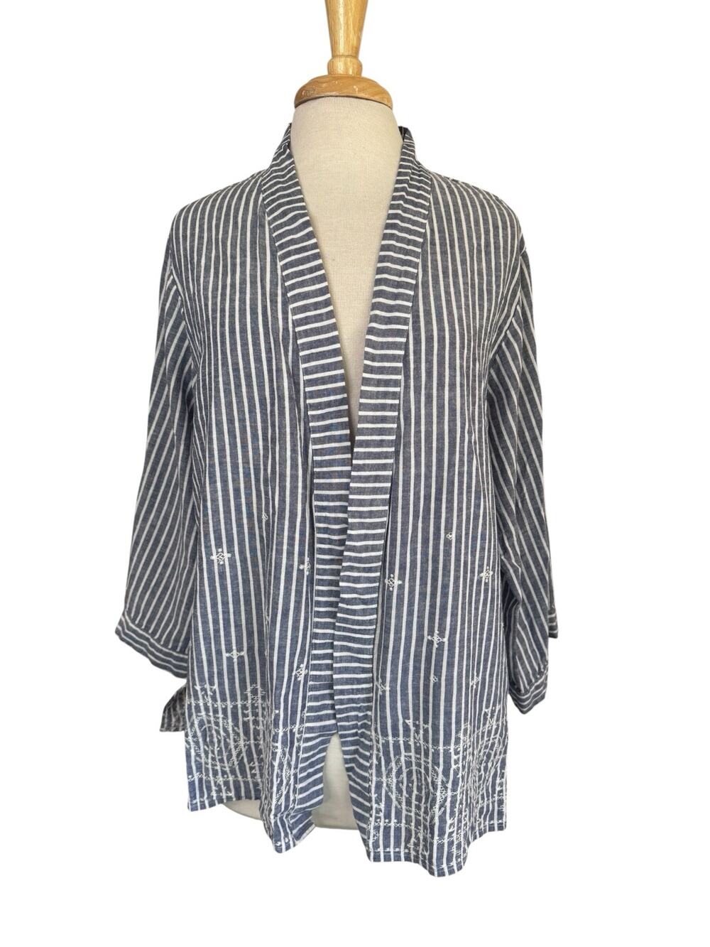 SYMPLE NYC Vertical Blue White Stripe Embroidered Linen Blend Blouse Size large